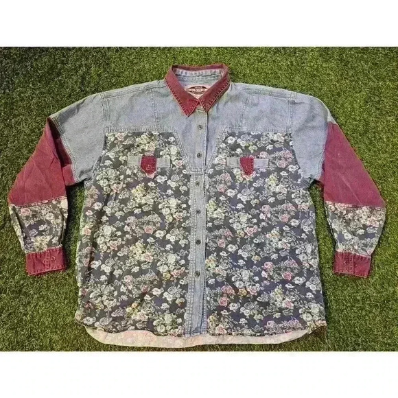 Sonoma Tops - Vintage Sonoma Jeans Co Floral Denim Shirt Sz Large Petites Western Cowgirl Y2K